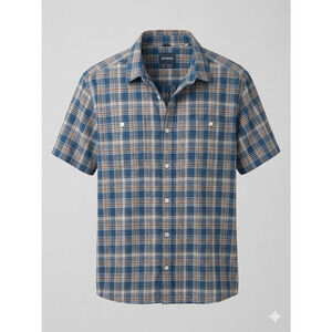Prana Mens Blue Tan Plaid Short Sleeve Button Down Shirt Size L Large